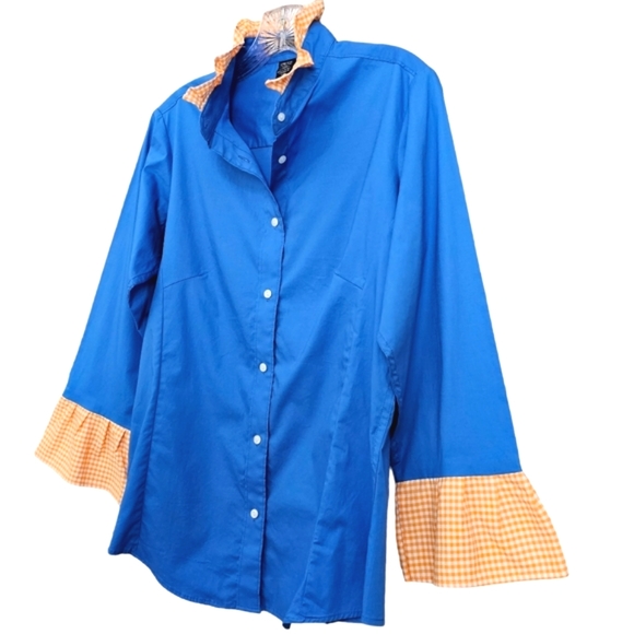 Nwot Pearly Vines Blue Button Down Blouse with Orange Gingham Neck/Sleeves - Picture 5 of 10